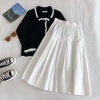 Color-block Trim Knit Long-sleeve Cardigan / Plain High-waist Skirt