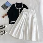 Color-block Trim Knit Long-sleeve Cardigan / Plain High-waist Skirt