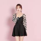 Long-sleeve Floral Mesh Lace-up A-line Swimdress
