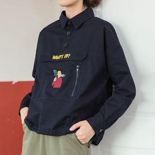 Long-sleeve Embroidered Collared Top