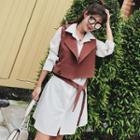 Set: Long-sleeve Plain Shirt Dress + Vest