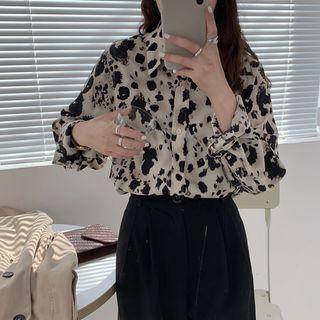 Long-sleeve Leopard Print Shirt Leopard Print - Beige - One Size