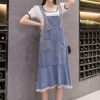 Fringed Hem Denim Overall Dress