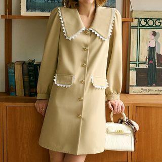 Long-sleeve Collared Lace Trim Mini Dress