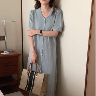 Short-sleeve Button-up Knit Midi Dress
