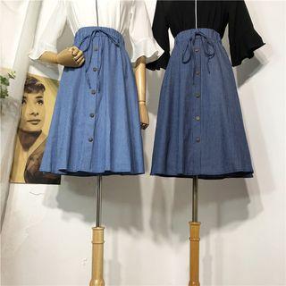 Striped Buttoned Denim A-line Midi Skirt