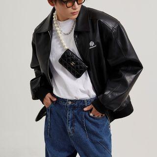 Collar Faux Leather Zip-up Jacket