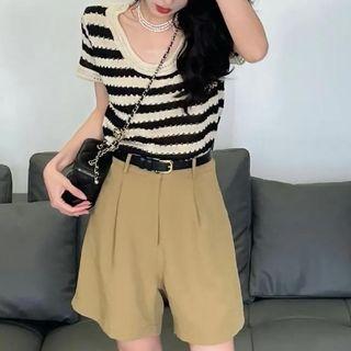 Short-sleeve Striped Knit Top / Sleeveless Top / Shorts