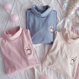 Rabbit Embroidered Long-sleeve Turtleneck Top