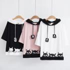 Cat Embroidered Elbow Sleeve Hoodie