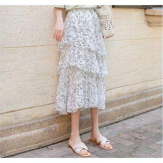 Leaf Print Layered Midi A-line Skirt White - One Size