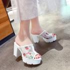 Floral Print Mesh Platform Block Heel Slide Sandals