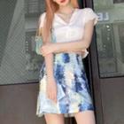 Lettuce Edge Short-sleeve Button Cropped T-shirt / Printed Mini Straight-fit Skirt