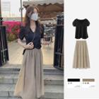 Puff-sleeve V-neck Blouse / Midi A-line Skirt