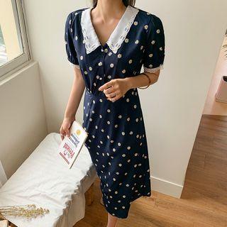 Lace-trim Floral Print Dress Navy Blue - One Size