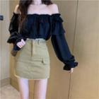 Off-shoulder Bell Sleeve Frill Trim Button-up Crop Blouse / High Waist Cargo Mini Skirt