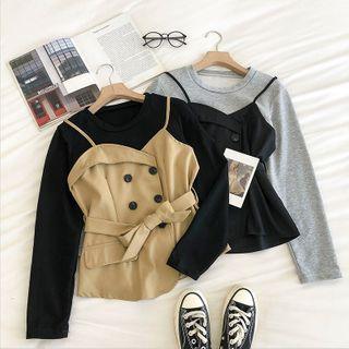 Mock Two-piece Panel Double-breasted Long-sleeve Top
