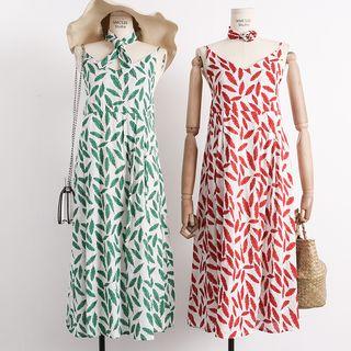 Leaf-print Sleeveless A-line Dress With Sash