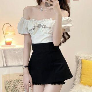 Off-shoulder Rhinestone Trim Mini Dress