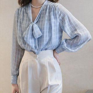 Set: Plaid Tie-neck Blouse + Cropped Harem Pants