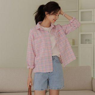 Smiley-embroidered Plaid Shirt