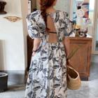 Printed Open-back Puff-sleeve Maxi A-line Dress