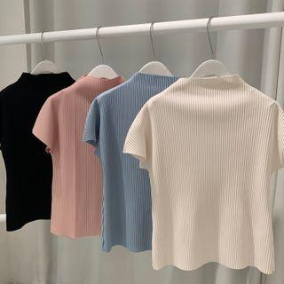 Mock-neck Short-sleeve Ribbed Knit Top