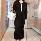 3/4-sleeve Two-tone Pleated Hem Midi Dress Black - One Size