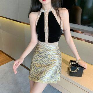 Lace Trim Halter Top / Zebra Print Fringed Trim Mini Pencil Skirt