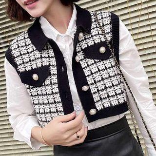 Plaid Button-up Sweater Vest Plaid - Black & White - One Size