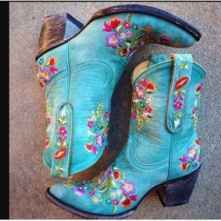 Faux Leather Floral Embroidery Block-heel Ankle Boots