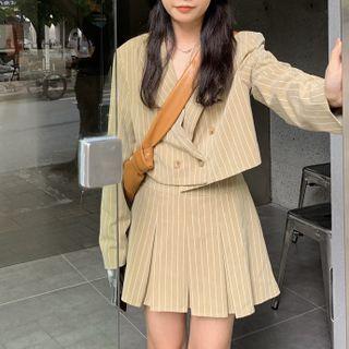 Striped Double-breasted Cropped Blazer / Pleated Mini A-line Skirt