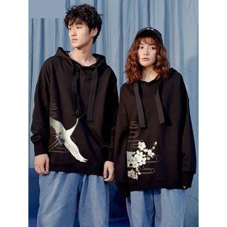 Couple Matching Long-sleeve Hooded Crane Print Top