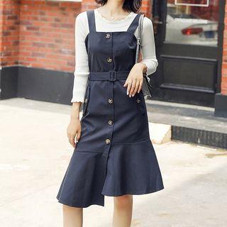 Set: 3/4-sleeve Lace Trim T-shirt + Sleeveless Buttoned A-line Asymmetric Dress