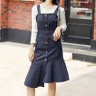 Set: 3/4-sleeve Lace Trim T-shirt + Sleeveless Buttoned A-line Asymmetric Dress