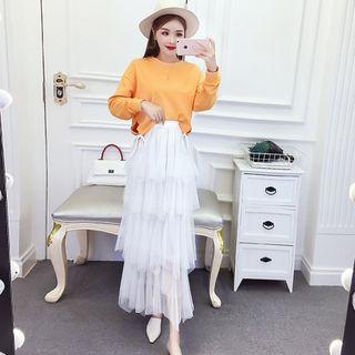 Sweatshirt / Ruffled Mesh A-line Midi Knit Skirt / Set