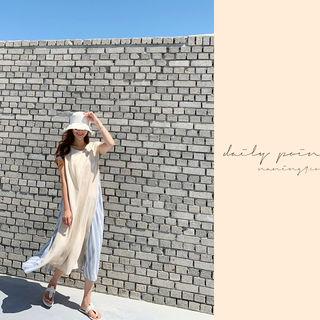 Short-sleeve Stripe-panel Maxi Dress Sky Blue - One Size