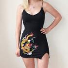 Spaghetti Strap V-neck Dragon Print Slit Mini Bodycon Dress