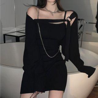 Chain Strap Sheath Dress / Open Front Cardigan