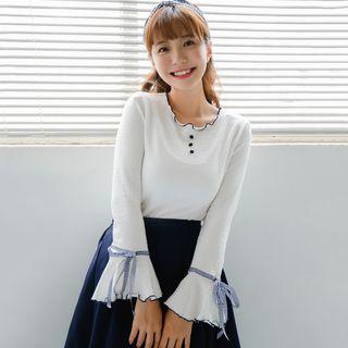 Long-sleeve Contrast Trim Top White - One Size