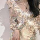 Long-sleeve Open-back Floral Print Lace Mini Dress