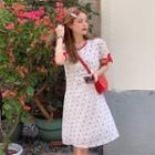 Puff-sleeve Floral Print A-line Dress Red & White - One Size