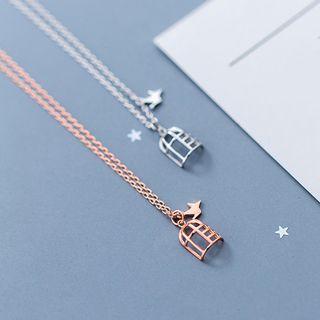 925 Sterling Silver Bird Cage Pendant Necklace