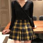 V-neck Cardigan / Plaid Mini Pleated Skirt