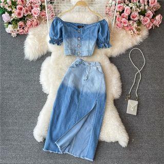Set: Short Sleeve Gradient Crop Blouse + Slit Denim Skirt