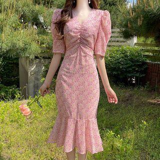 Ruched Floral Midi Mermaid Dress
