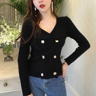 Lapel Double Breasted Slim-fit V-neck Long-sleeve Knit Top