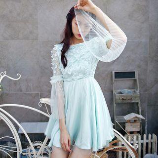 Flower Embroidered Long-sleeve Mesh Cocktail Dress