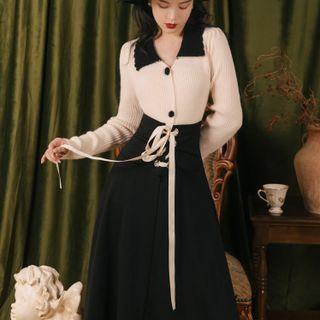 Set: Long-sleeve Collared Button-up Knit Top + Lace-up Midi A-line Skirt
