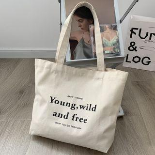 Lettering Canvas Tote Bag Free - Off-white - One Size